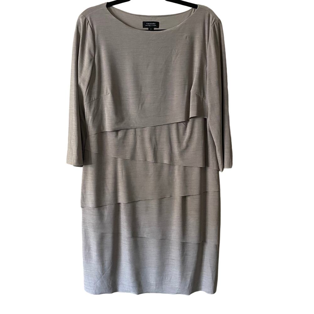 Tahari Dress Tiered Layered Sheath Stretch Beige Lined 3/4 Sleeves Size 14